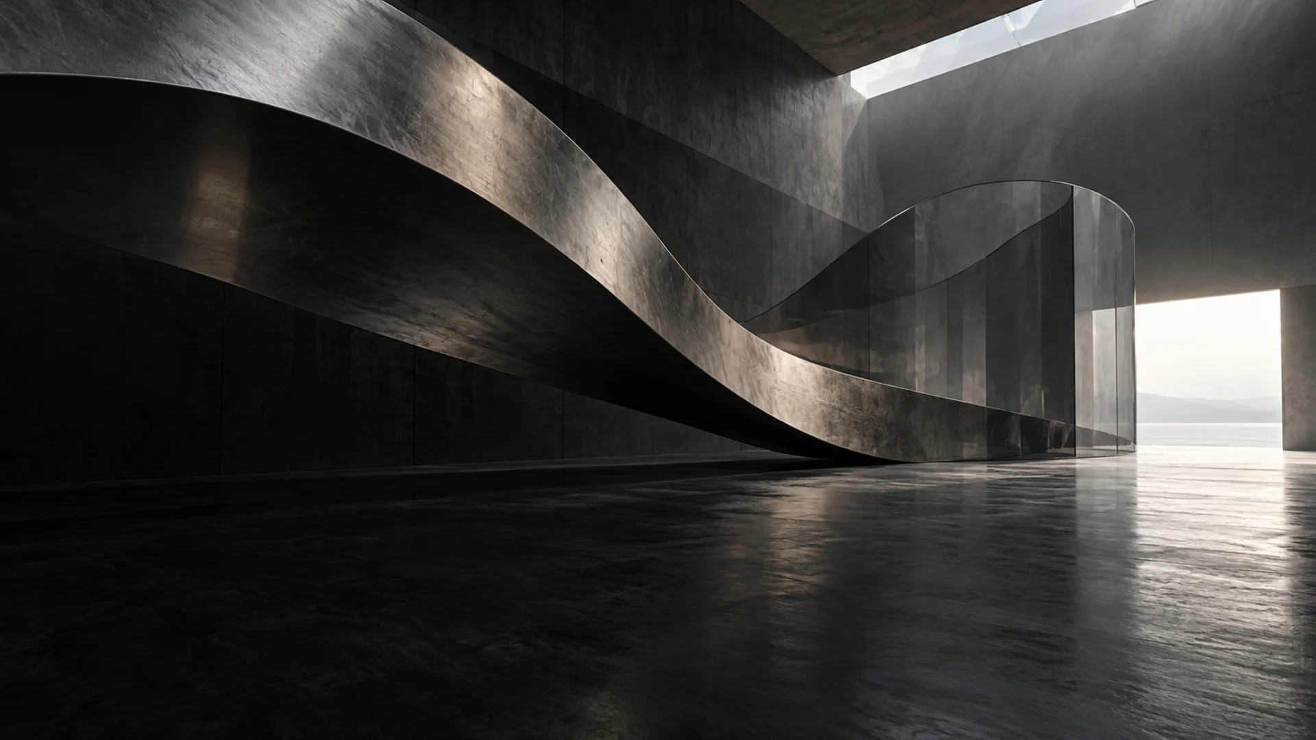 A sculptural installation of brushed aluminium and smoked glass in an architectural gallery